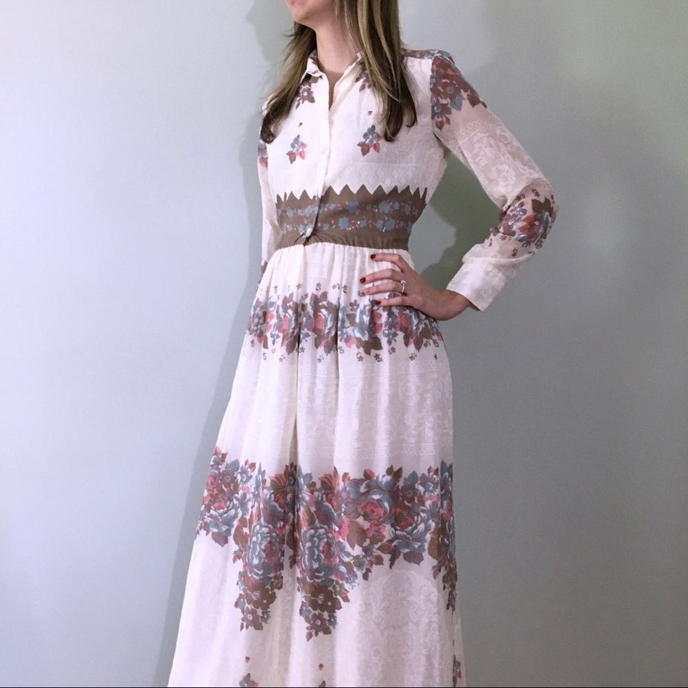 70s Vintage White Feminine Prairie Maxi Dress